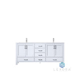Jacques 72" White Double Vanity, White Carrara Marble Top, White Square Sinks and 70" Mirror w/ Faucets