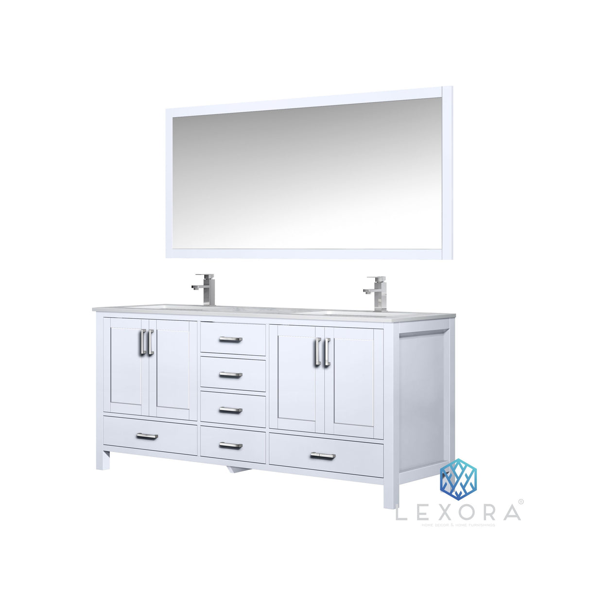 Jacques 72" White Double Vanity, White Carrara Marble Top, White Square Sinks and 70" Mirror w/ Faucets