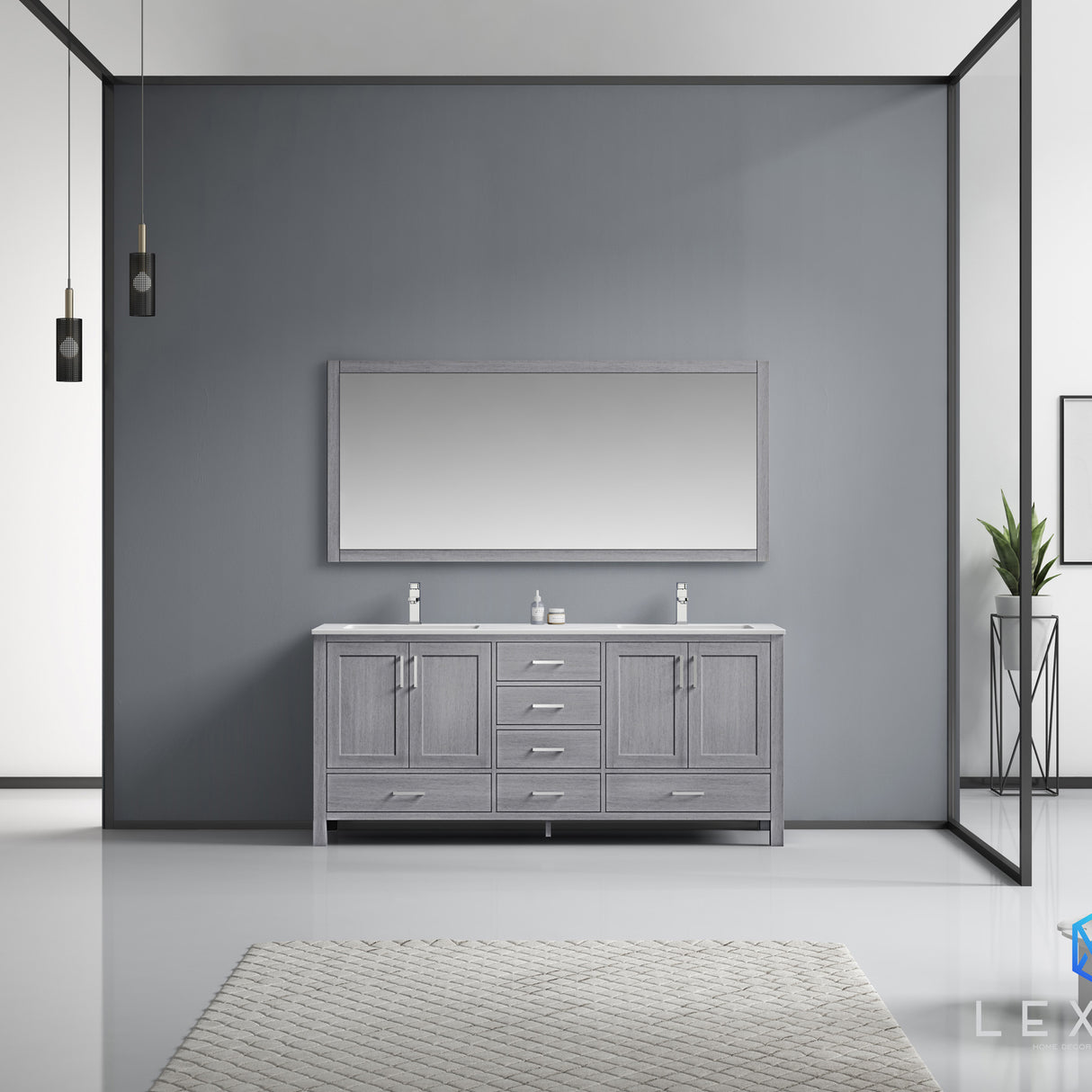 Jacques 72" Distressed Grey Double Vanity, White Carrara Marble Top, White Square Sinks and 70" Mirror