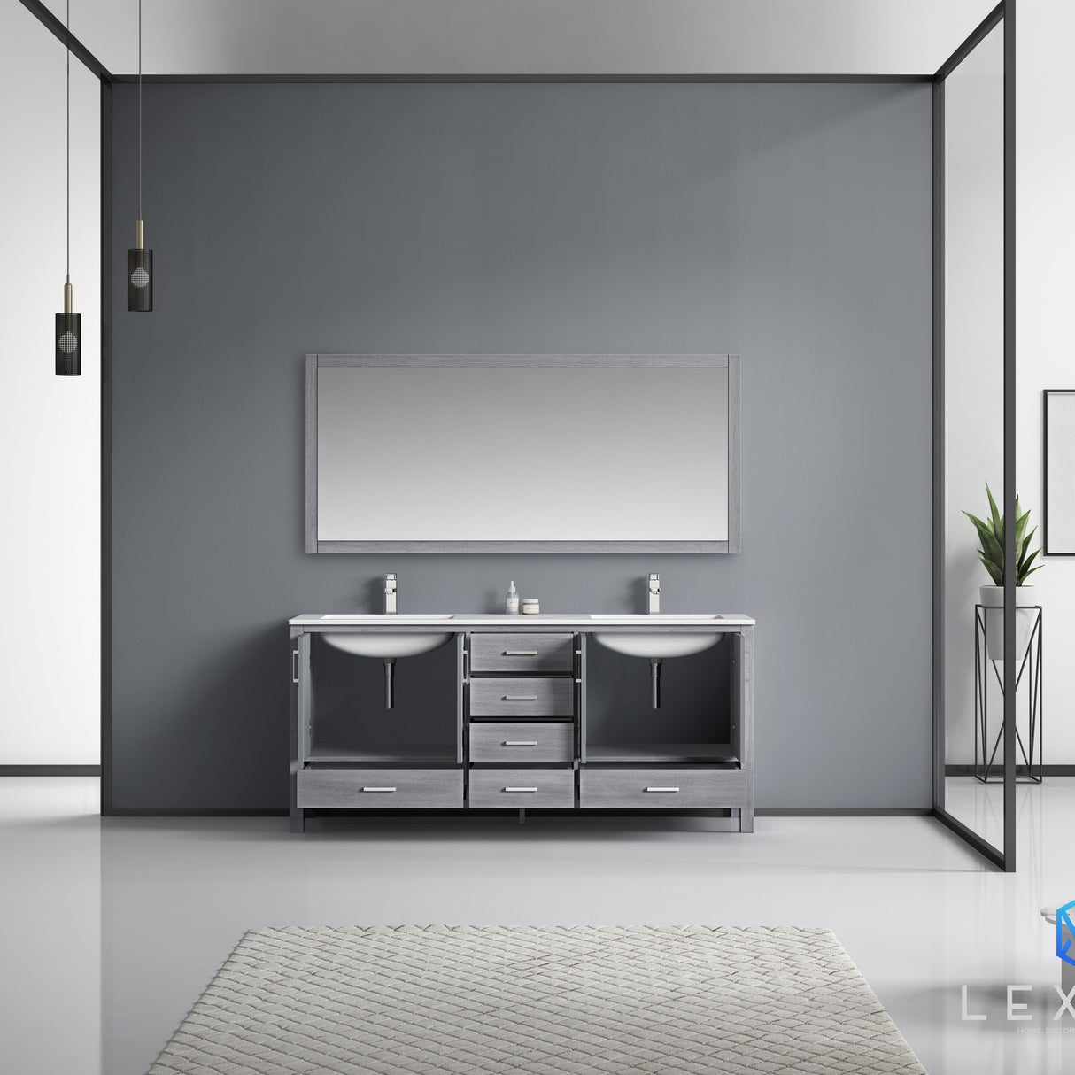 Jacques 72" Distressed Grey Double Vanity, White Carrara Marble Top, White Square Sinks and 70" Mirror