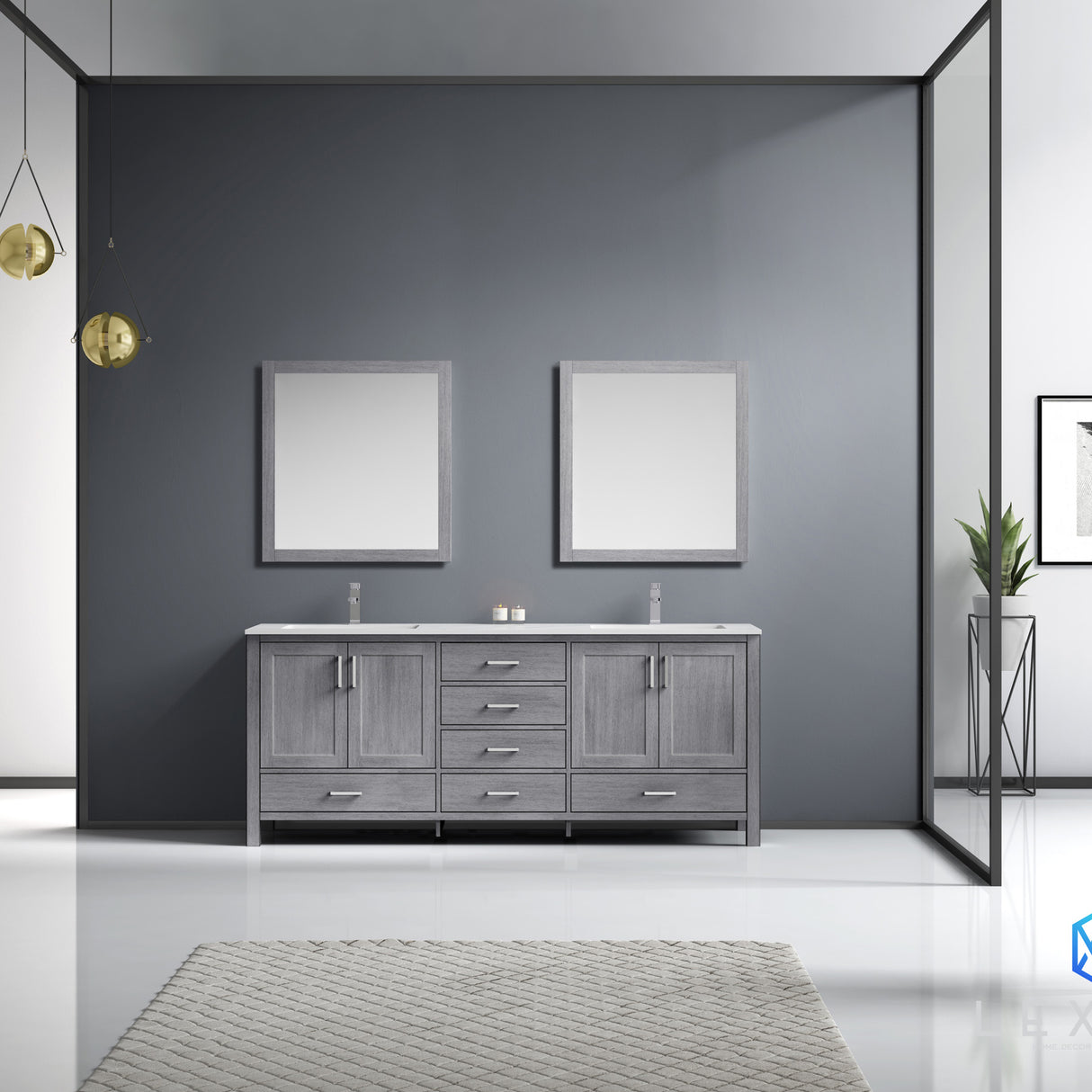 Jacques 80" Distressed Grey Double Vanity, White Carrara Marble Top, White Square Sinks and 30" Mirrors with Faucets