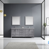 Jacques 80" Distressed Grey Double Vanity, White Carrara Marble Top, White Square Sinks and 30" Mirrors with Faucets