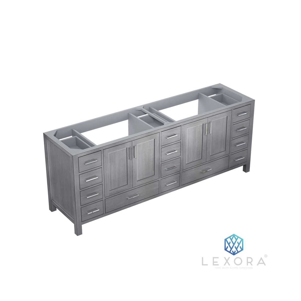 Jacques 84" Distressed Grey Double Vanity, White Carrara Marble Top, White Square Sinks and 34" Mirrors w/ Faucets