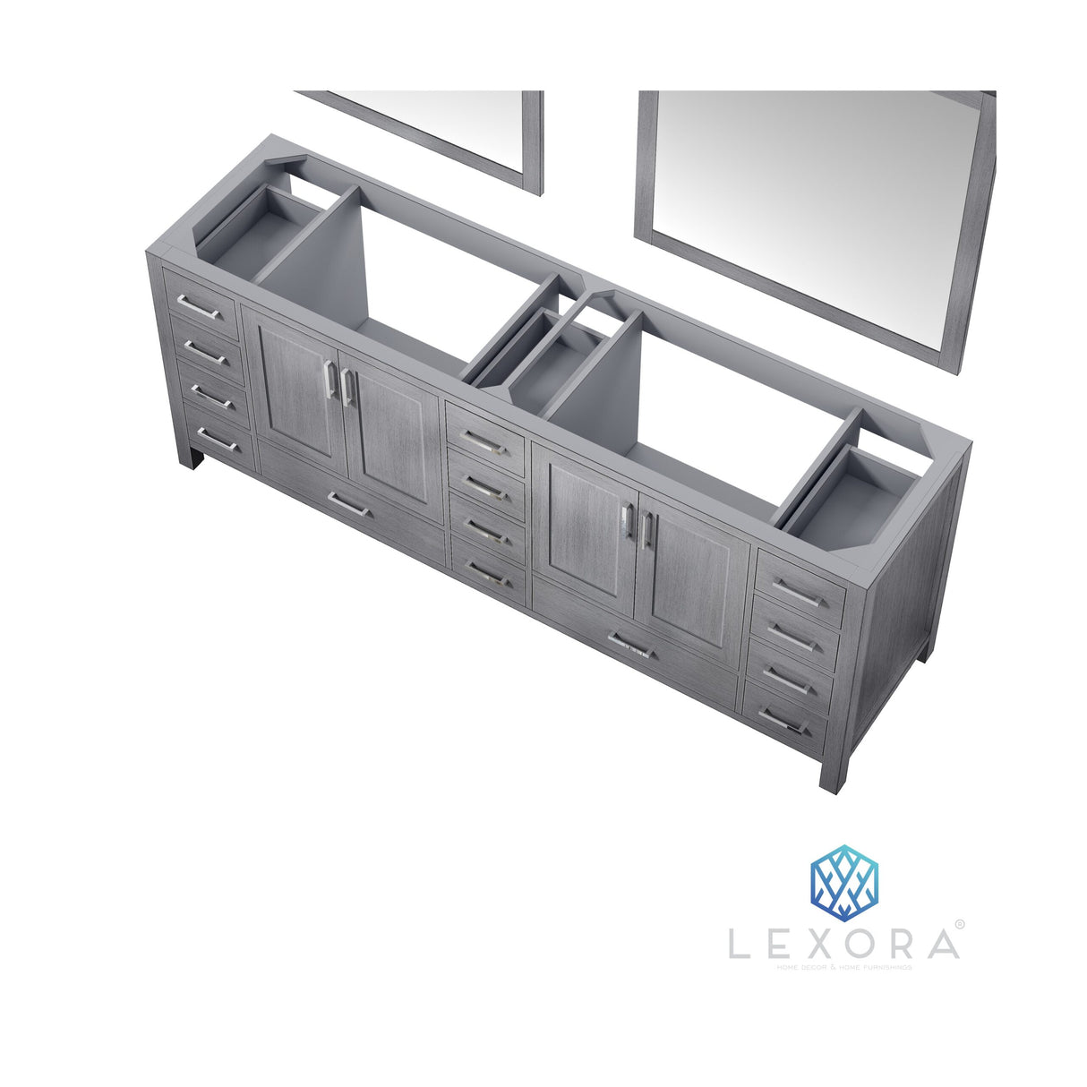 Jacques 84" Distressed Grey Double Vanity, White Carrara Marble Top, White Square Sinks and 34" Mirrors w/ Faucets