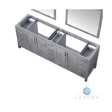 Jacques 84" Distressed Grey Double Vanity, White Carrara Marble Top, White Square Sinks and 34" Mirrors w/ Faucets