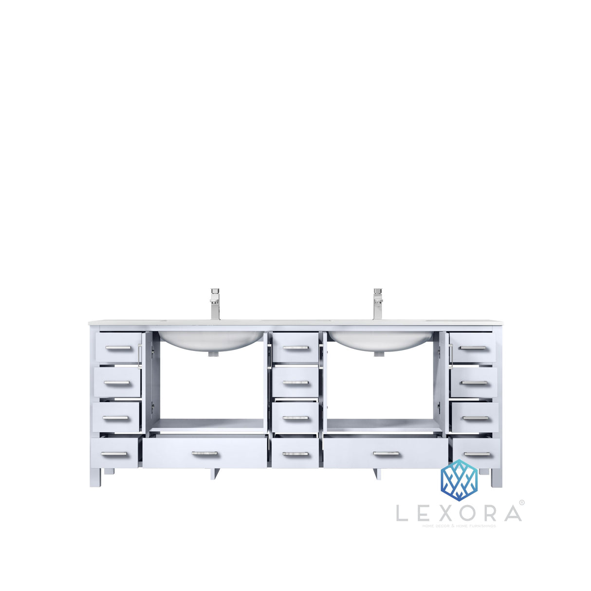 Jacques 84" White Double Vanity, White Carrara Marble Top, White Square Sinks and 34" Mirrors w/ Faucets