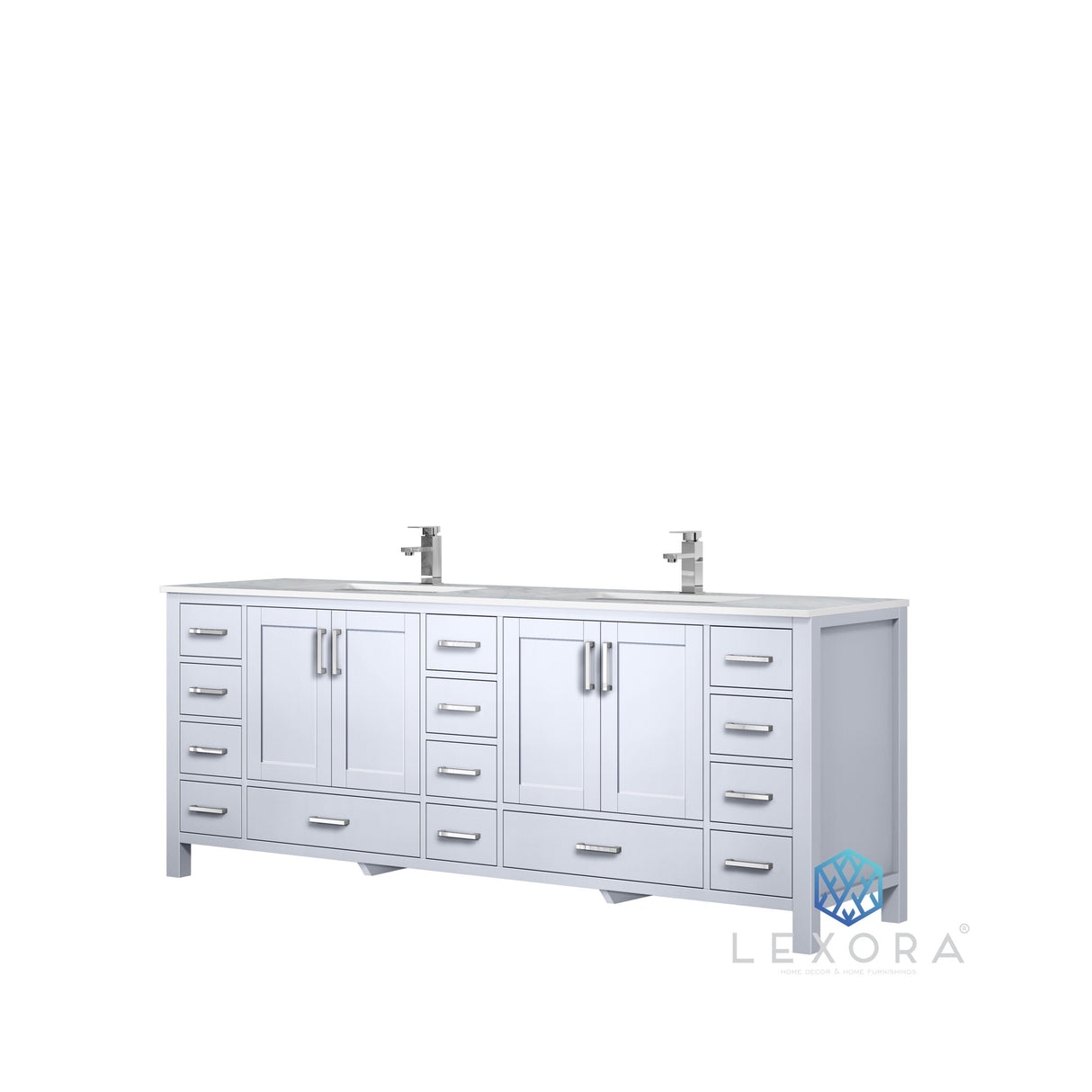 Jacques 84" White Double Vanity, White Carrara Marble Top, White Square Sinks and 34" Mirrors w/ Faucets