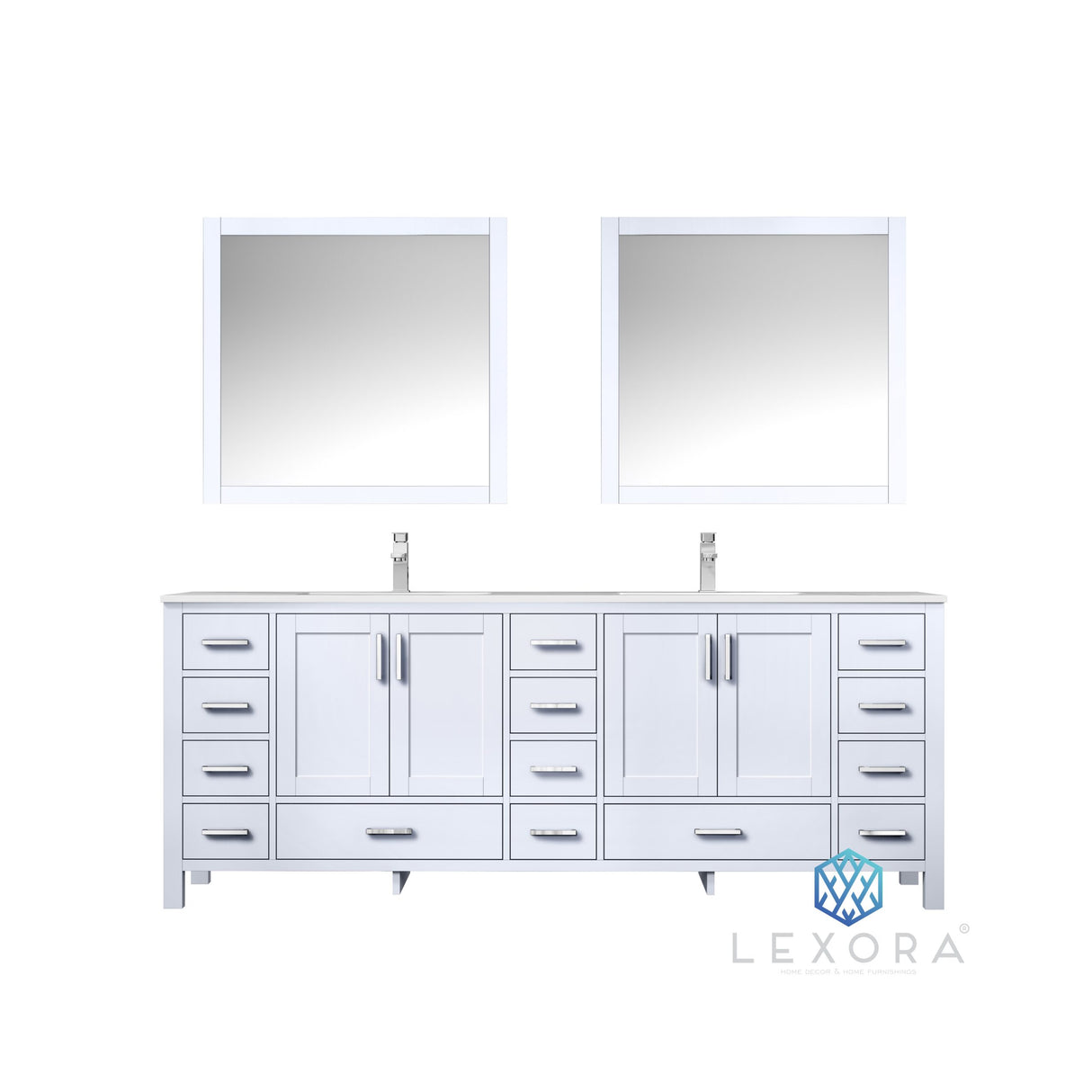 Jacques 84" White Double Vanity, White Carrara Marble Top, White Square Sinks and 34" Mirrors w/ Faucets