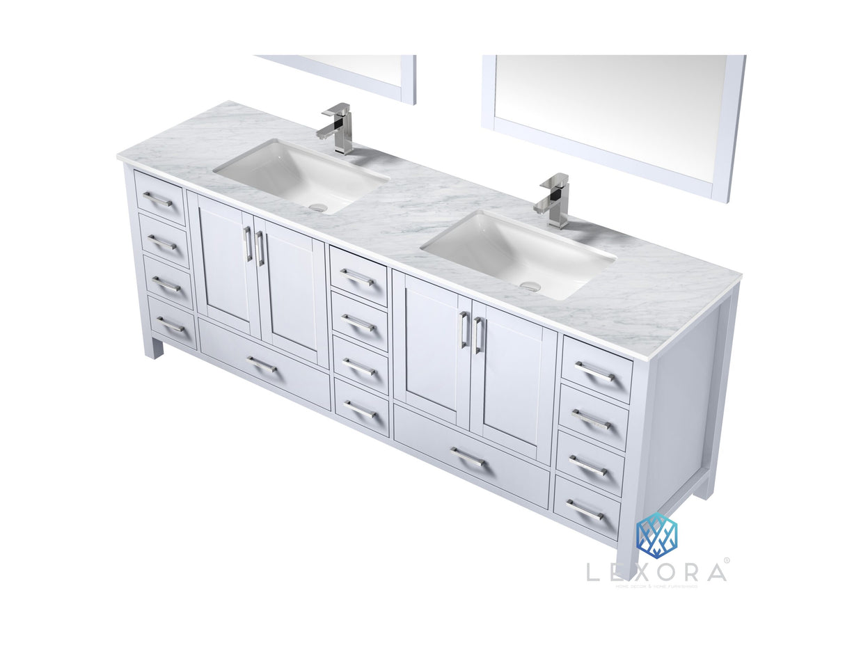 Jacques 84" White Double Vanity, White Carrara Marble Top, White Square Sinks and 34" Mirrors w/ Faucets