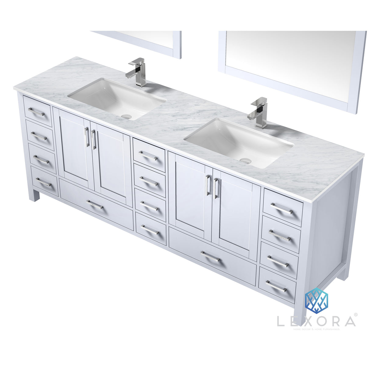Jacques 84" White Double Vanity, White Carrara Marble Top, White Square Sinks and 34" Mirrors