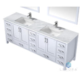 Jacques 84" White Double Vanity, White Carrara Marble Top, White Square Sinks and 34" Mirrors