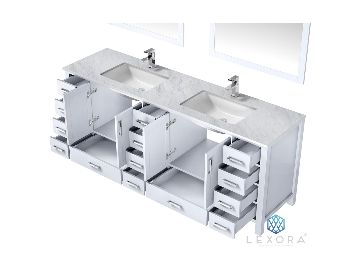 Jacques 84" White Double Vanity, White Carrara Marble Top, White Square Sinks and 34" Mirrors w/ Faucets