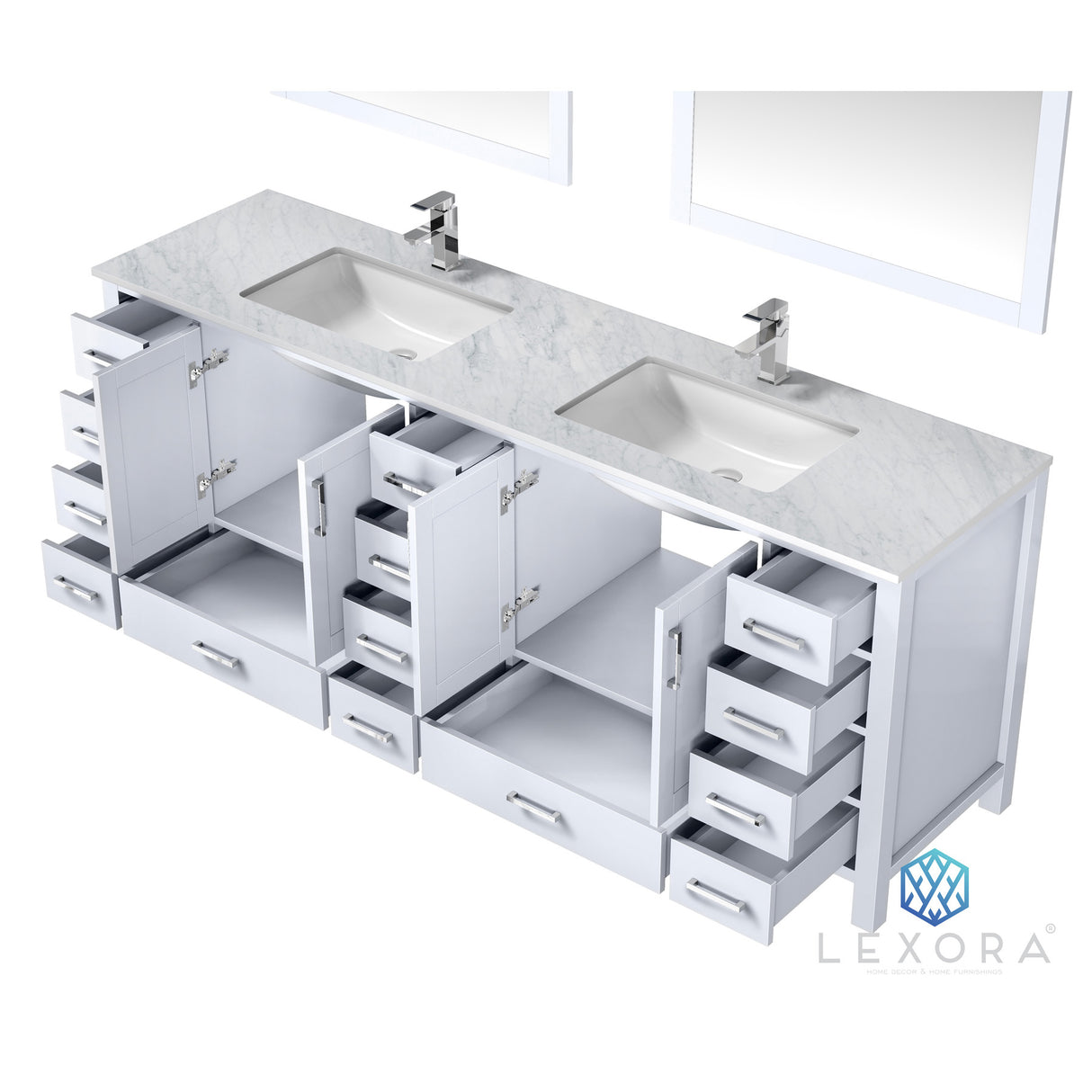 Jacques 84" White Double Vanity, White Carrara Marble Top, White Square Sinks and 34" Mirrors