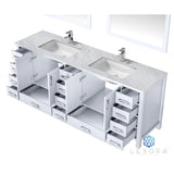 Jacques 84" White Double Vanity, White Carrara Marble Top, White Square Sinks and 34" Mirrors
