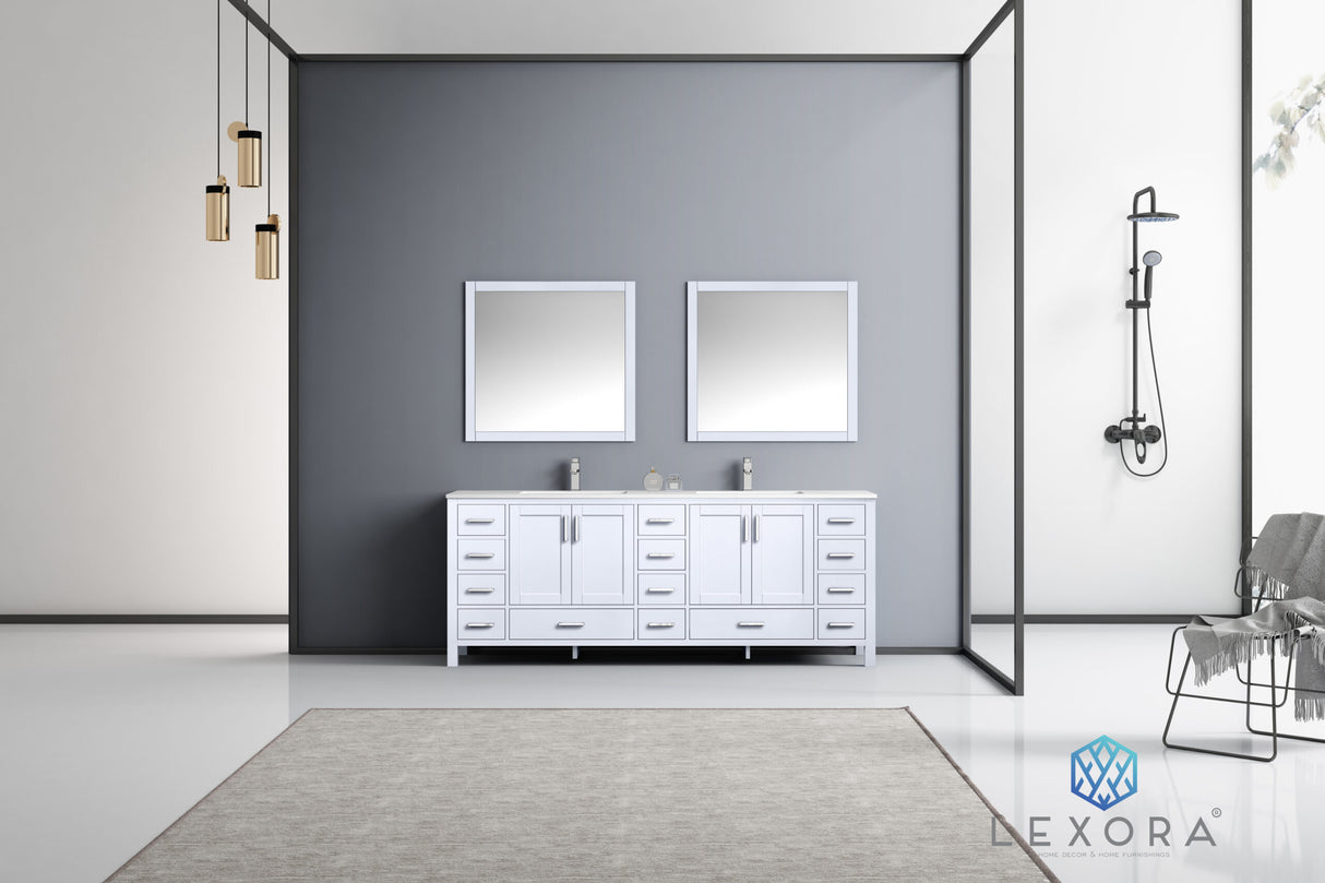 Jacques 84" White Double Vanity, White Carrara Marble Top, White Square Sinks and 34" Mirrors w/ Faucets
