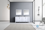 Jacques 84" White Double Vanity, White Carrara Marble Top, White Square Sinks and 34" Mirrors w/ Faucets