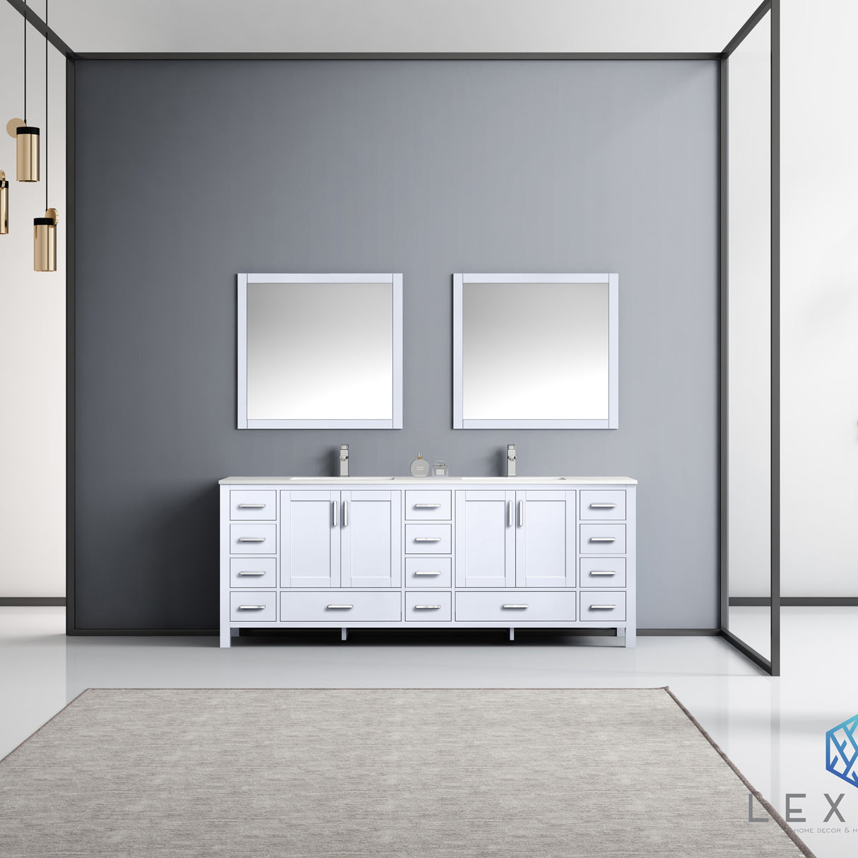 Jacques 84" White Double Vanity, White Carrara Marble Top, White Square Sinks and 34" Mirrors
