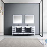 Jacques 84" White Double Vanity, White Carrara Marble Top, White Square Sinks and 34" Mirrors