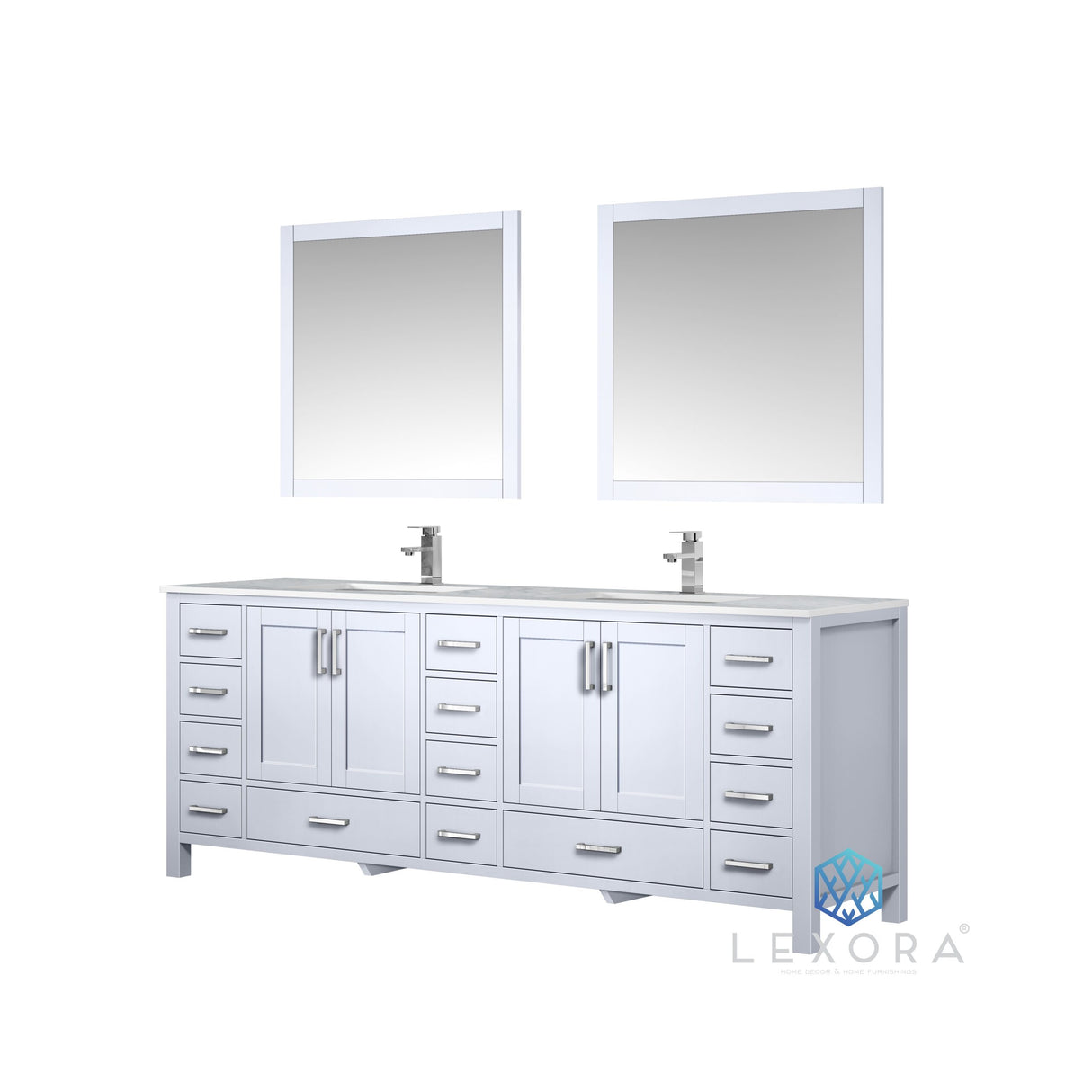 Jacques 84" White Double Vanity, White Carrara Marble Top, White Square Sinks and 34" Mirrors w/ Faucets