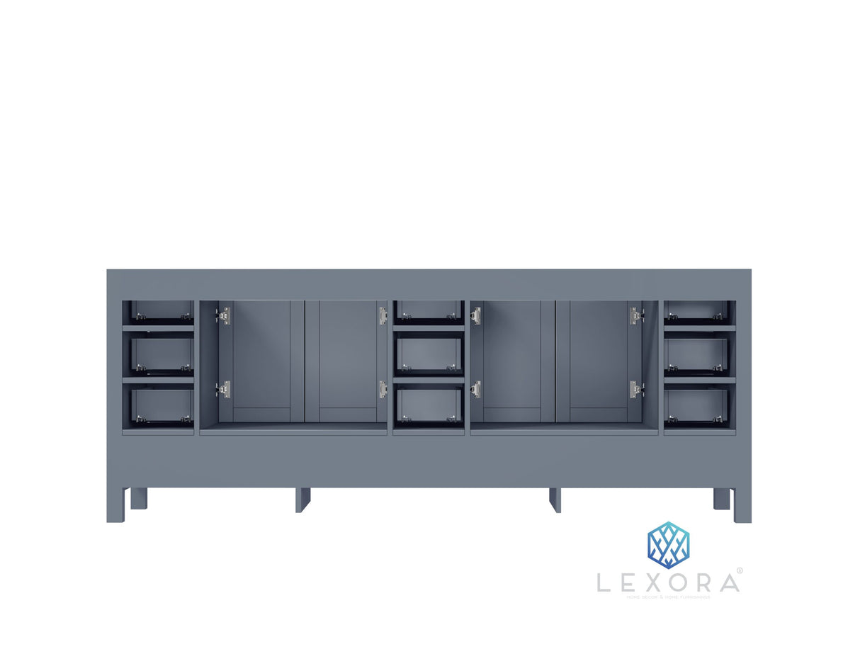 Jacques 84" Dark Grey Double Vanity, White Carrara Marble Top, White Square Sinks and 34" Mirrors w/ Faucets