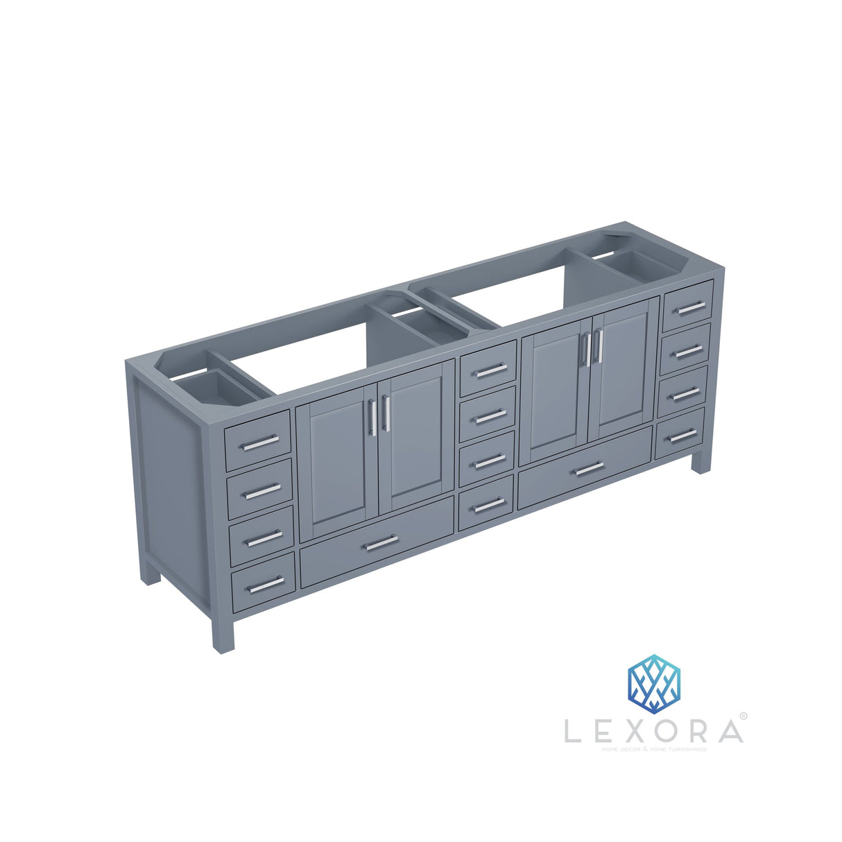 Jacques 84" Dark Grey Double Vanity, White Carrara Marble Top, White Square Sinks and 34" Mirrors w/ Faucets