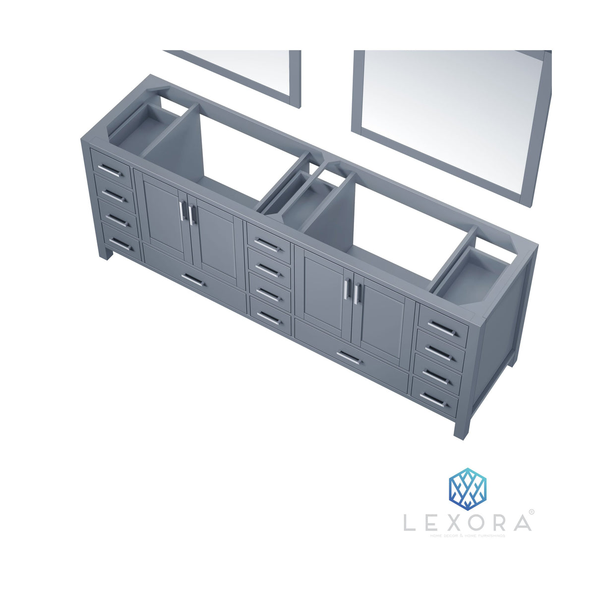 Jacques 84" Dark Grey Double Vanity, White Carrara Marble Top, White Square Sinks and 34" Mirrors w/ Faucets