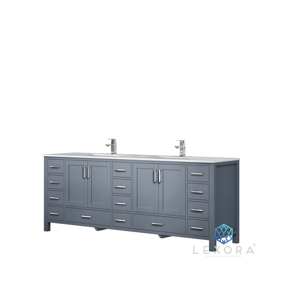 Jacques 84" Dark Grey Double Vanity, White Carrara Marble Top, White Square Sinks and 34" Mirrors w/ Faucets