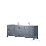 Jacques 84" Dark Grey Double Vanity, White Carrara Marble Top, White Square Sinks and 34" Mirrors w/ Faucets