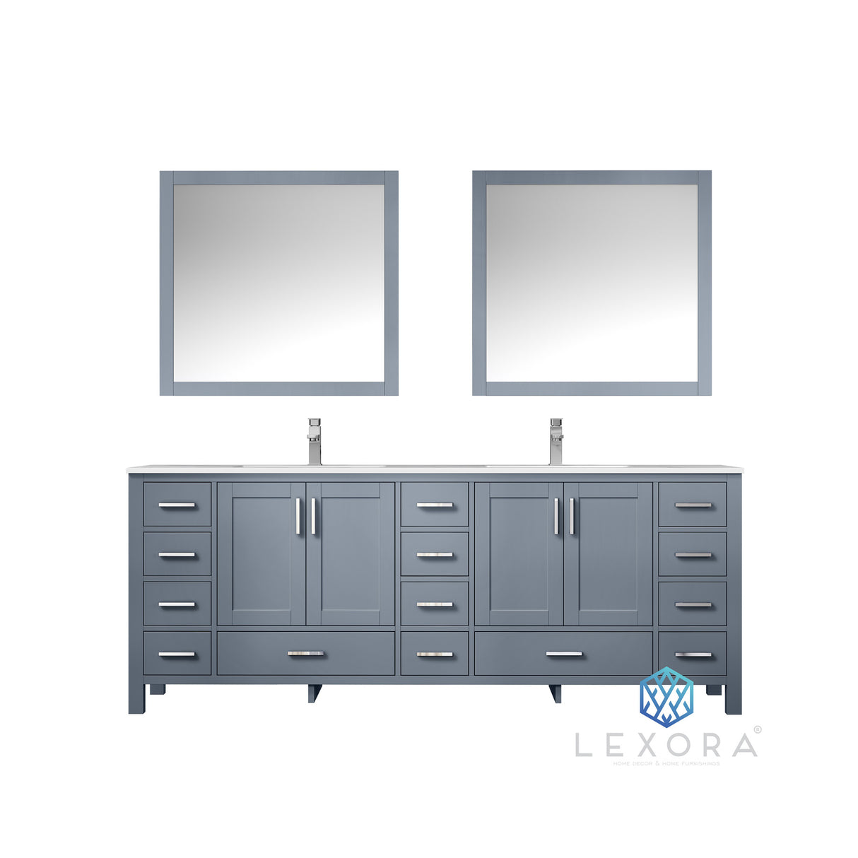 Jacques 84" Dark Grey Double Vanity, White Carrara Marble Top, White Square Sinks and 34" Mirrors