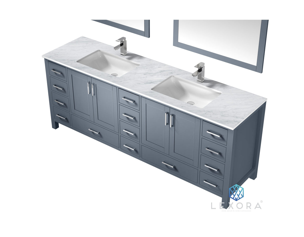 Jacques 84" Dark Grey Double Vanity, White Carrara Marble Top, White Square Sinks and 34" Mirrors w/ Faucets
