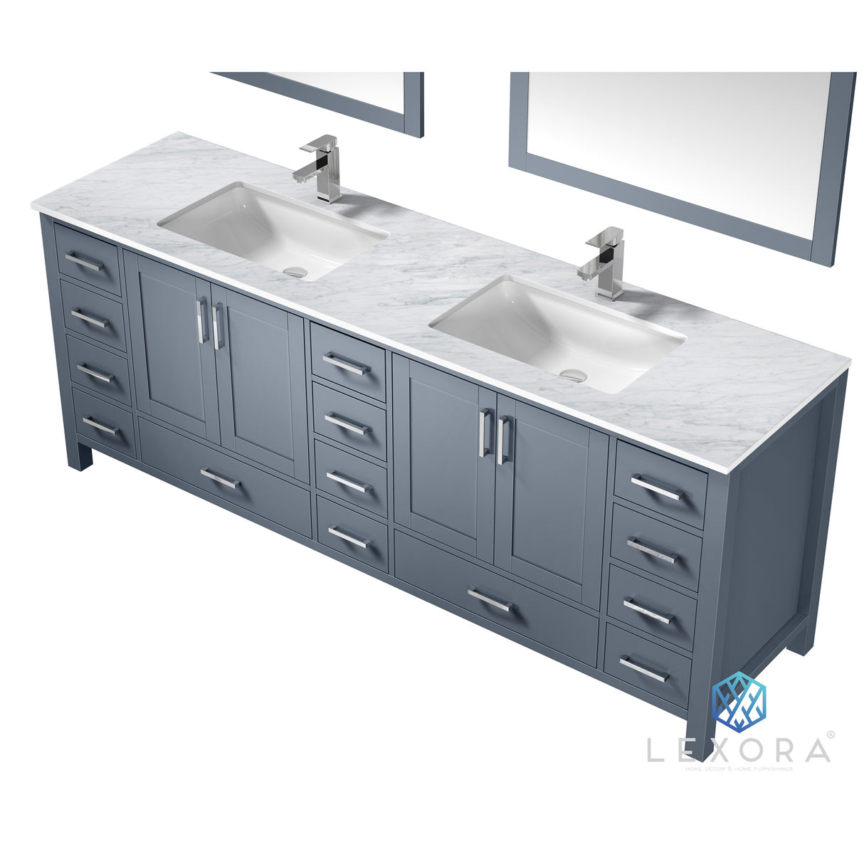 Jacques 84" Dark Grey Double Vanity, White Carrara Marble Top, White Square Sinks and 34" Mirrors