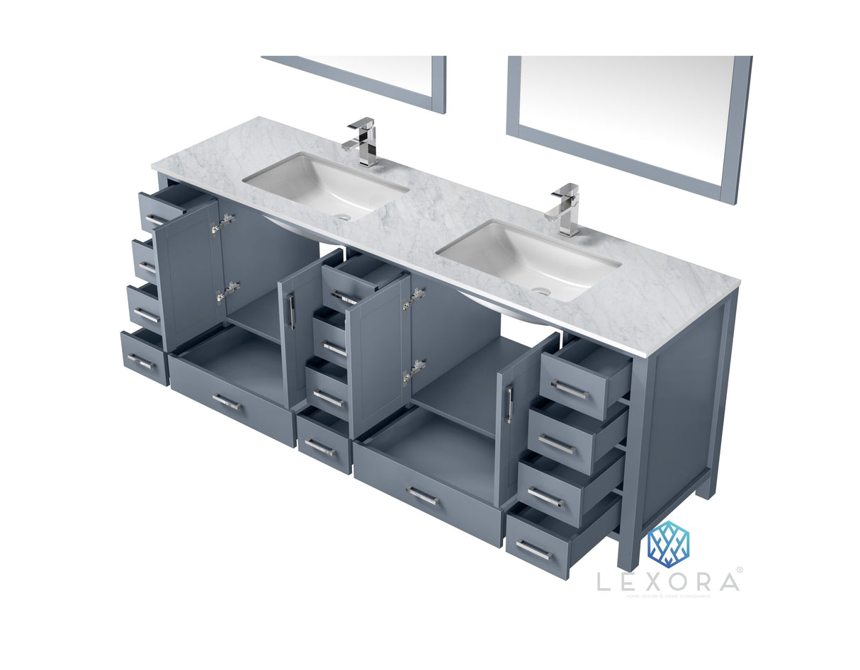 Jacques 84" Dark Grey Double Vanity, White Carrara Marble Top, White Square Sinks and 34" Mirrors w/ Faucets