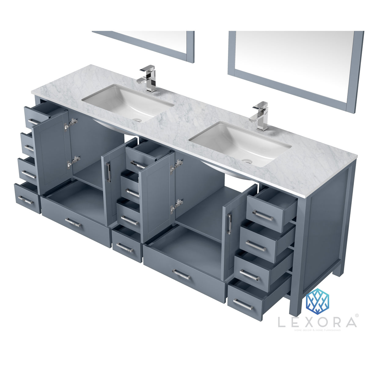 Jacques 84" Dark Grey Double Vanity, White Carrara Marble Top, White Square Sinks and 34" Mirrors