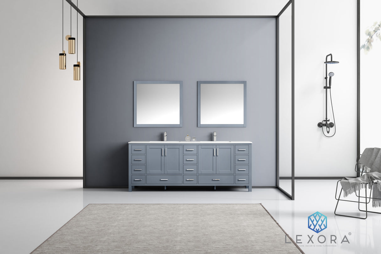 Jacques 84" Dark Grey Double Vanity, White Carrara Marble Top, White Square Sinks and 34" Mirrors w/ Faucets