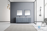 Jacques 84" Dark Grey Double Vanity, White Carrara Marble Top, White Square Sinks and 34" Mirrors w/ Faucets