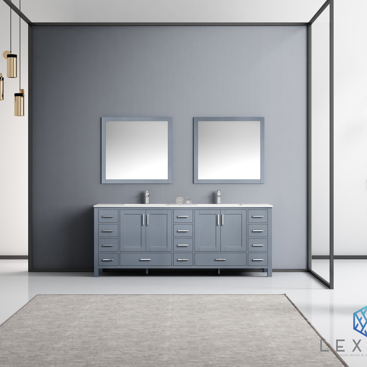 Jacques 84" Dark Grey Double Vanity, White Carrara Marble Top, White Square Sinks and 34" Mirrors