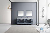 Jacques 84" Dark Grey Double Vanity, White Carrara Marble Top, White Square Sinks and 34" Mirrors w/ Faucets