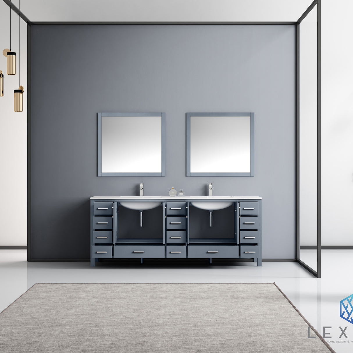 Jacques 84" Dark Grey Double Vanity, White Carrara Marble Top, White Square Sinks and 34" Mirrors