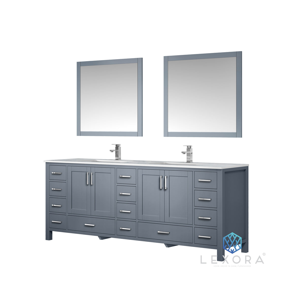 Jacques 84" Dark Grey Double Vanity, White Carrara Marble Top, White Square Sinks and 34" Mirrors