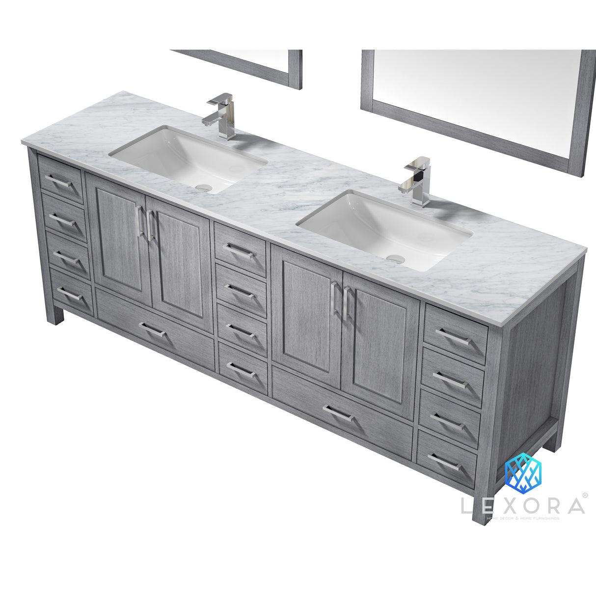 Jacques 84" Distressed Grey Double Vanity, White Carrara Marble Top, White Square Sinks and 34" Mirrors