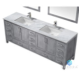 Jacques 84" Distressed Grey Double Vanity, White Carrara Marble Top, White Square Sinks and 34" Mirrors