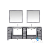 Jacques 84" Distressed Grey Double Vanity, White Carrara Marble Top, White Square Sinks and 34" Mirrors w/ Faucets