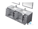 Jacques 84" Distressed Grey Double Vanity, White Carrara Marble Top, White Square Sinks and 34" Mirrors w/ Faucets