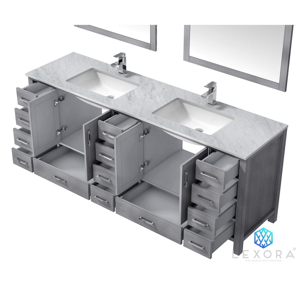 Jacques 84" Distressed Grey Double Vanity, White Carrara Marble Top, White Square Sinks and 34" Mirrors