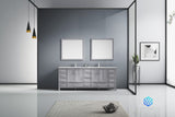 Jacques 84" Distressed Grey Double Vanity, White Carrara Marble Top, White Square Sinks and 34" Mirrors w/ Faucets