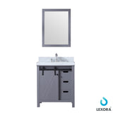 Marsyas 30" Dark Grey Single Vanity, White Carrara Marble Top, White Square Sink and 28" Mirror