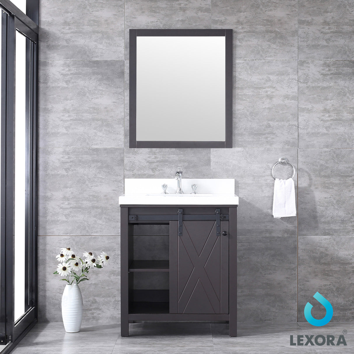 Marsyas 30" Brown Single Vanity, White Quartz Top, White Square Sink and 28" Mirror