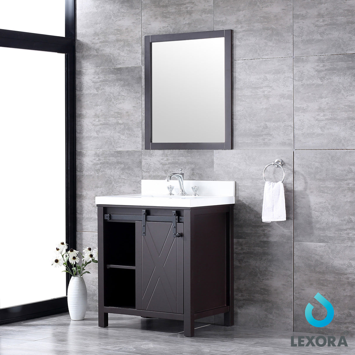 Marsyas 30" Brown Single Vanity, White Quartz Top, White Square Sink and 28" Mirror