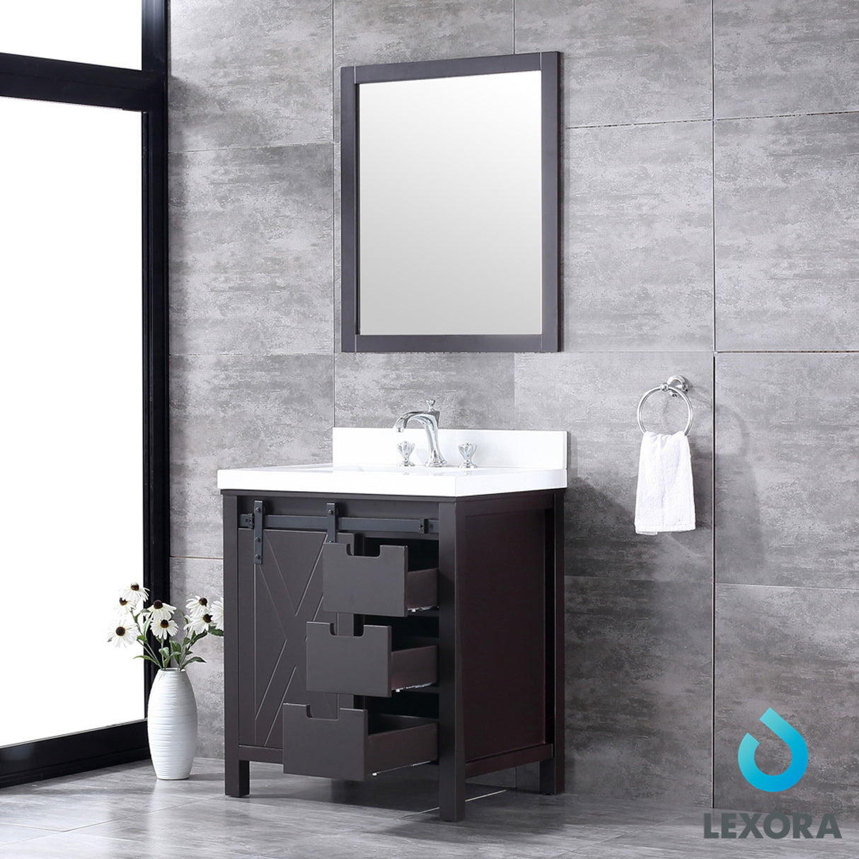 Marsyas 30" Brown Single Vanity, White Quartz Top, White Square Sink and 28" Mirror