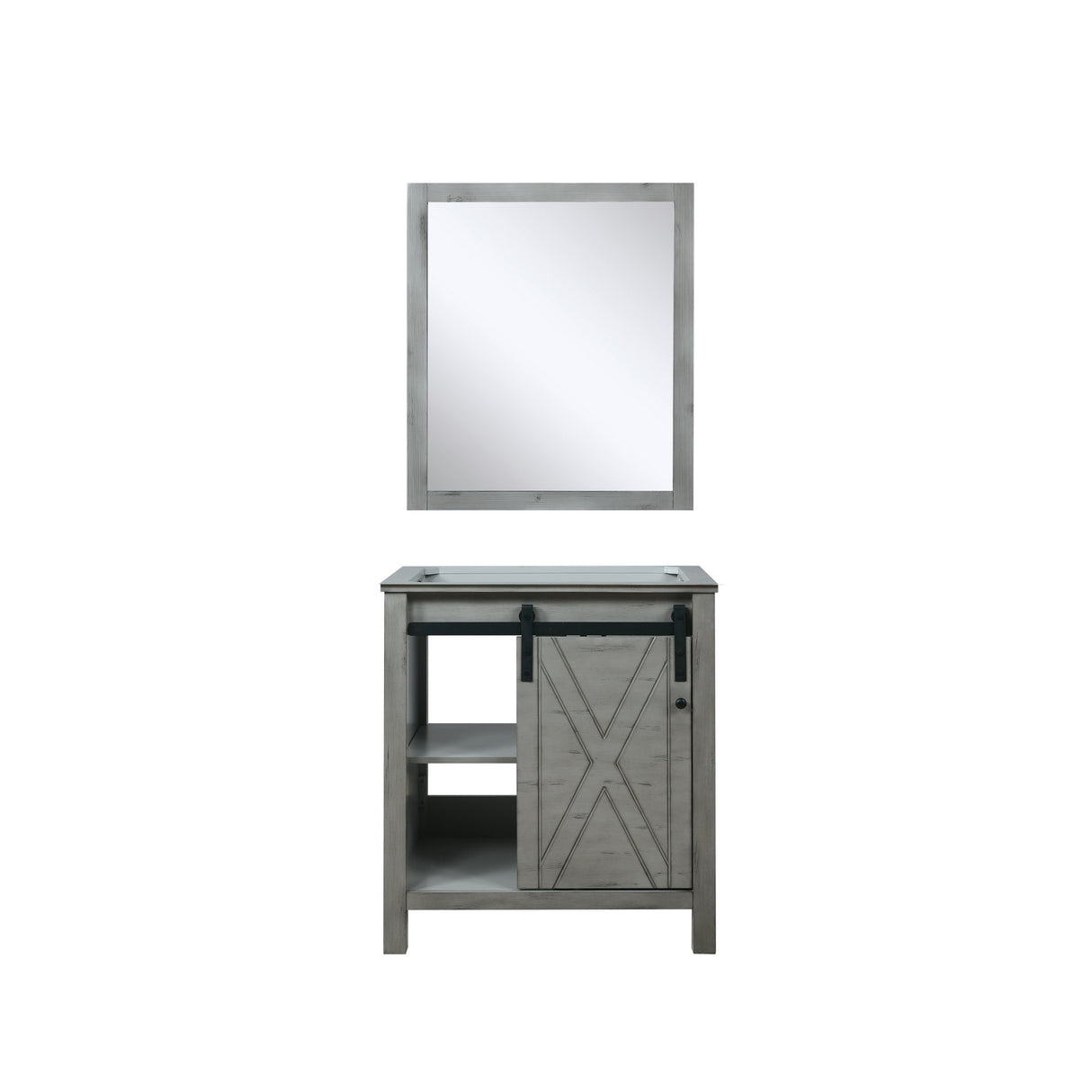 Marsyas 30" Ash Grey Single Vanity, White Quartz Top, White Square Sink and 28" Mirror w/ Faucet